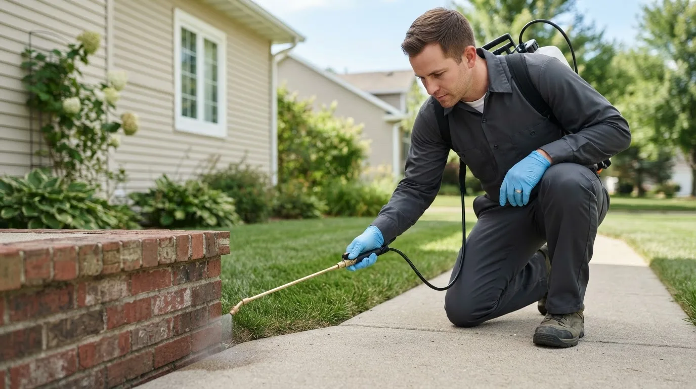 Pest control technician treating a home near Baskerville, VA