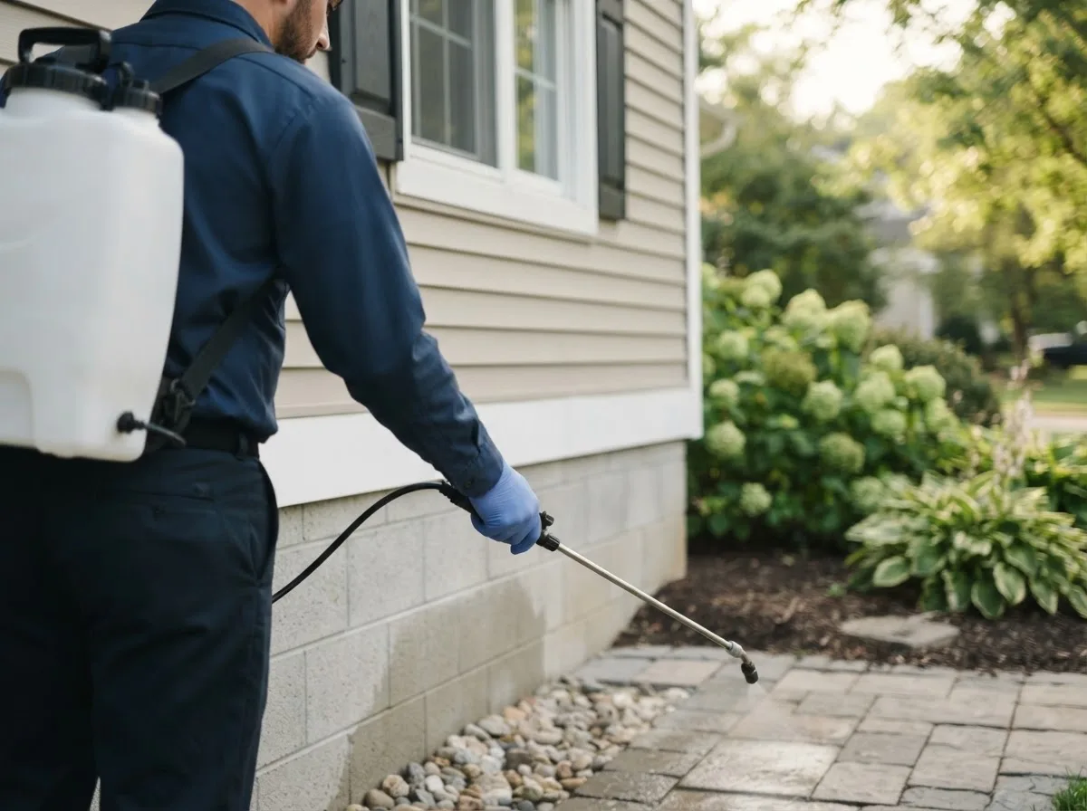 Pest control technician inspecting a home in Baskerville, VA